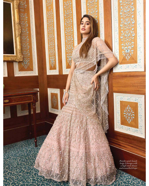 Janhvi Kapoor Powder pink-based, beige Lehenga