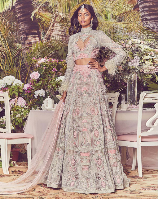 Ivory Woven Chanderi Pink & Green Leheriya Lehenga With Embroidered Bl |  Deval Store
