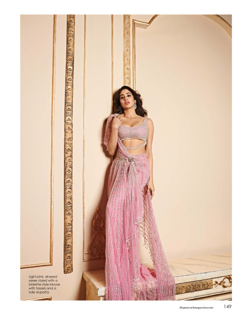 Janhvi Kapoor Light pink, draped saree styled with a bralette-style blouse