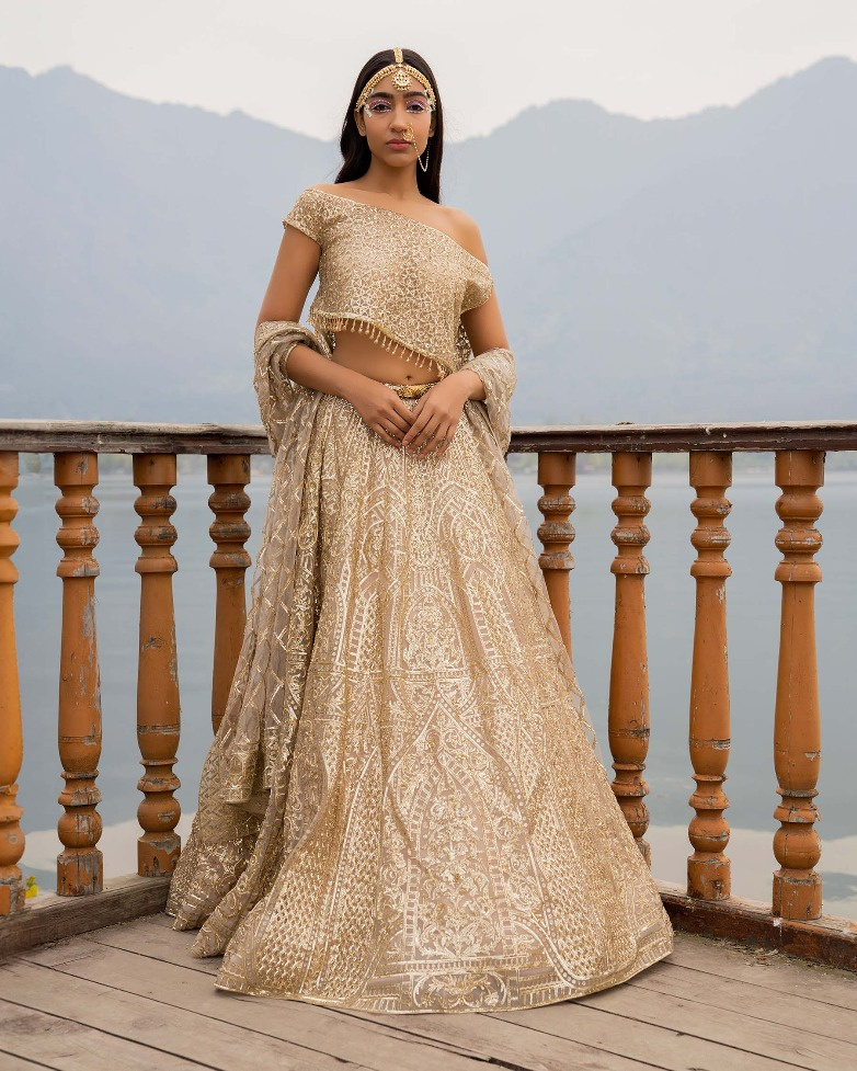 Alissa Beige Lehenga Set With Golden Chrome Applique