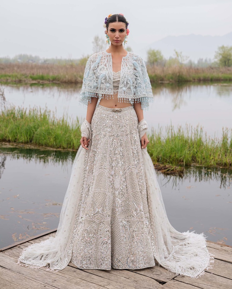 Gwendolyn Light Beige-based, Silver Lehenga Set With Half-sleeved Blouse