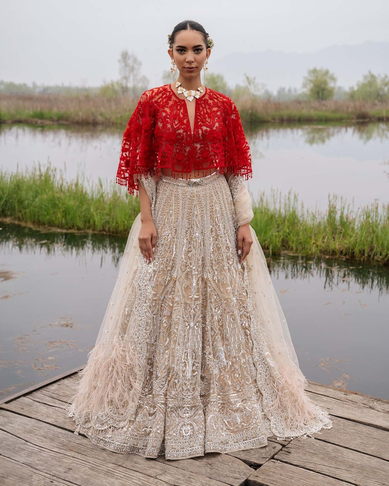 Esmerelda Beige-based, Silver Lehenga Set With Crystals And Beads