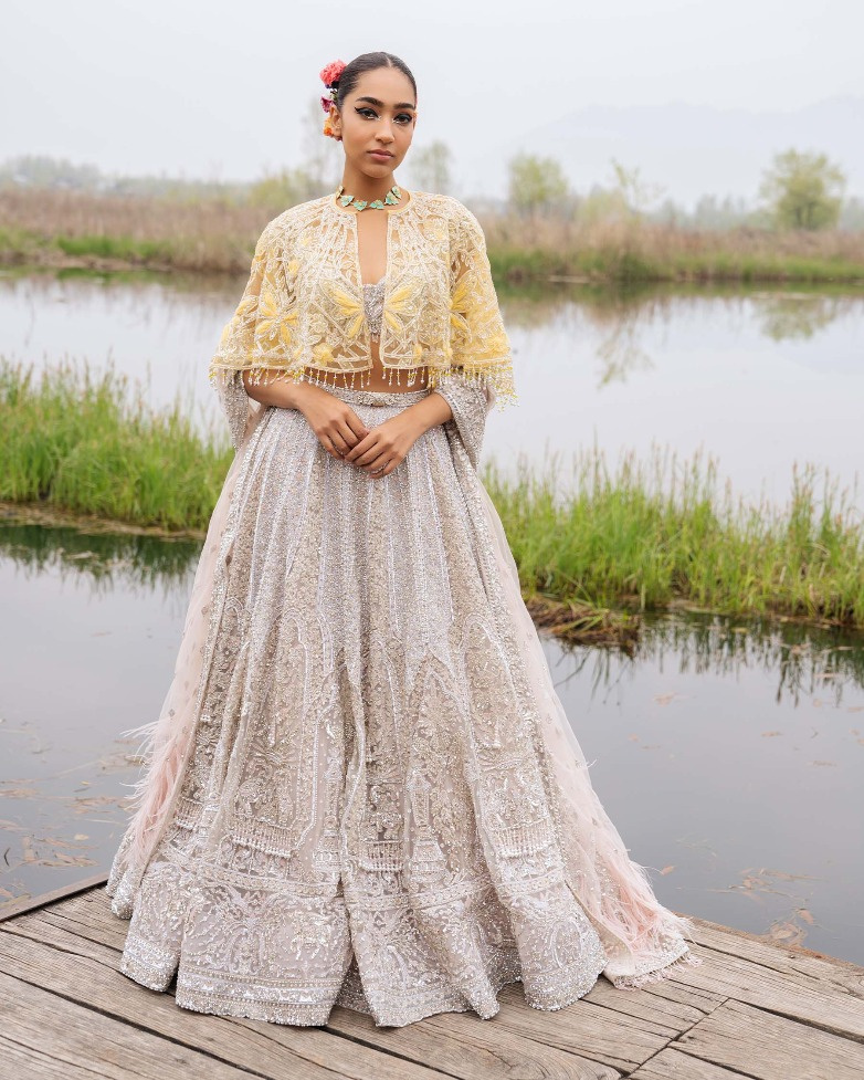 Emery Faded Peach-based, Silver Lehenga Set With Crystals And Pearls