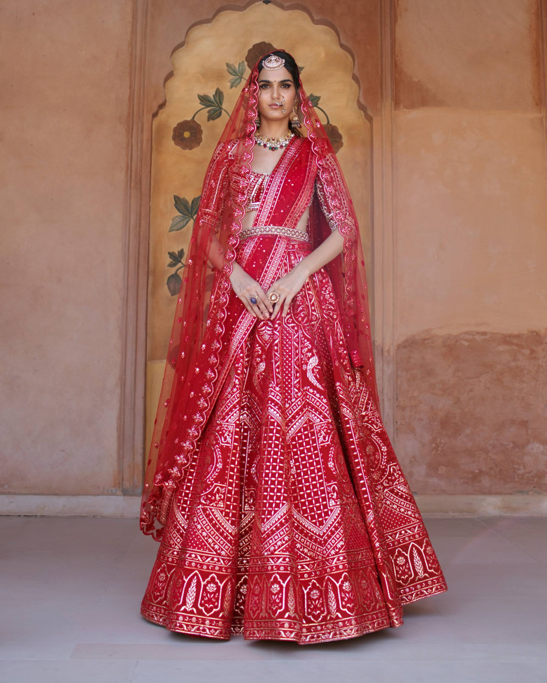 Sorrel Red Chrome Applique Lehenga Set Adorned With Floral Motifs