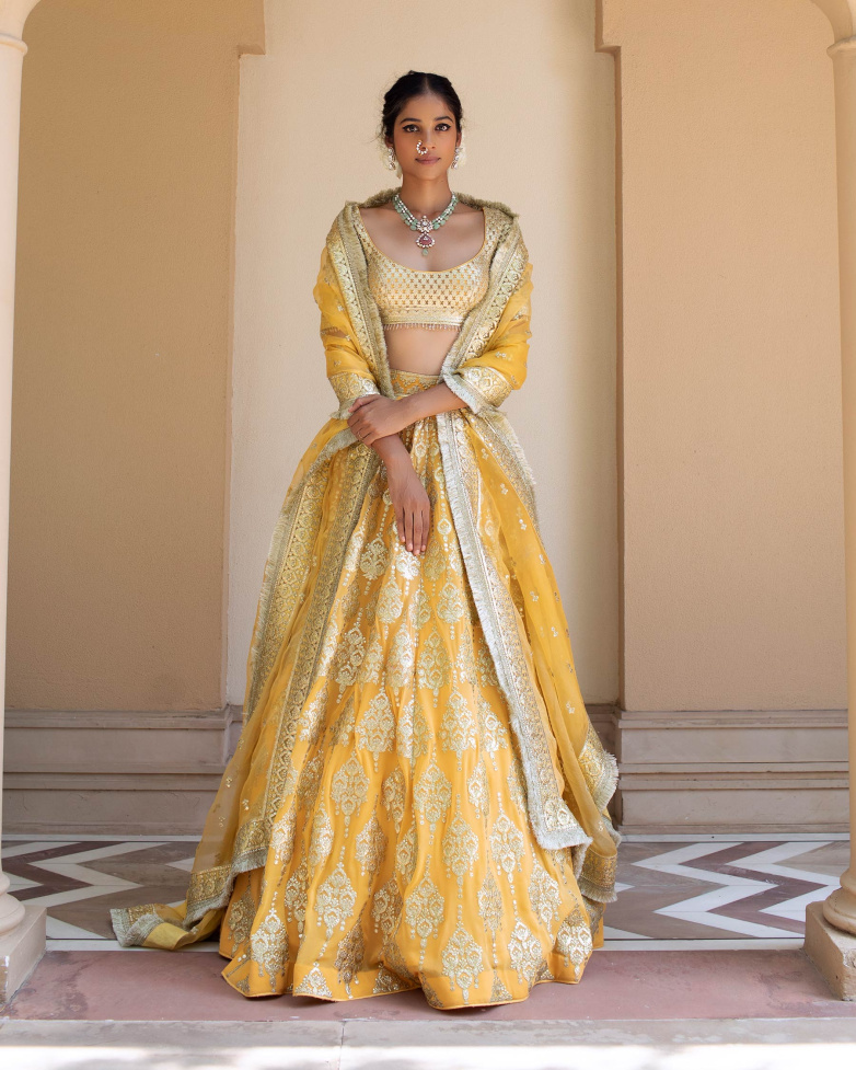 Fabienne Yellow Chrome Applique Lehenga Set Replete With Ethnic Motifs