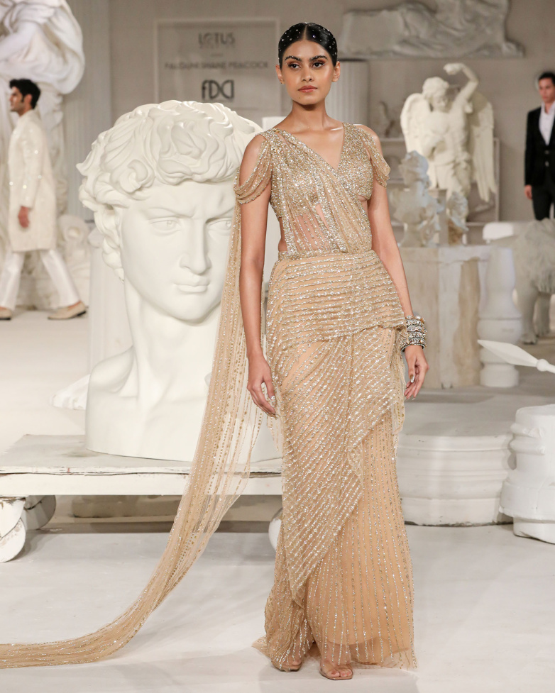 Laura Beige Light Golden Pre-Draped Saree Gown with Crystal Embellishments