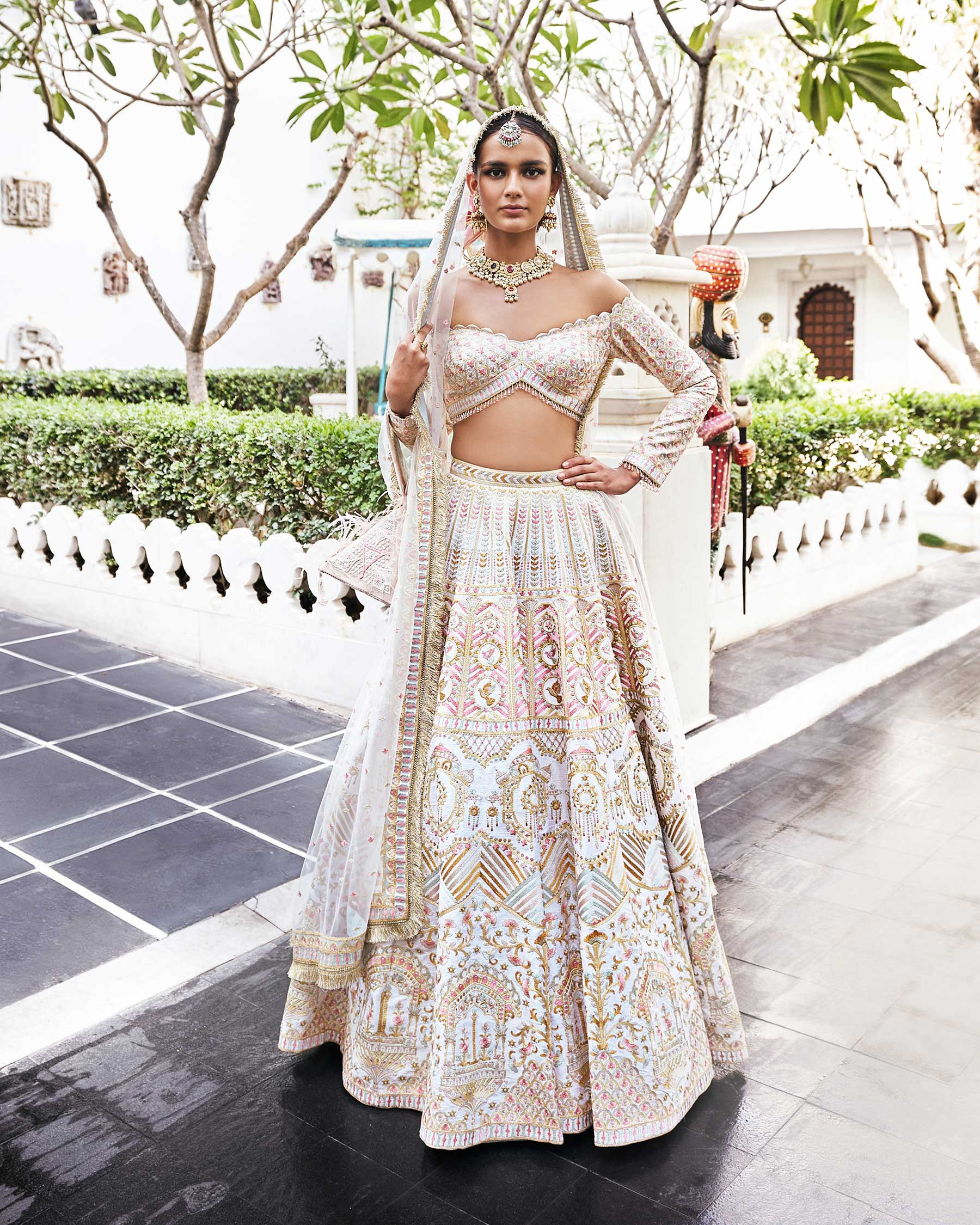 Dubai Wedding With A Stunning Mirror Work Pink Lehenga With An Off-Shoulder  Blouse - Witty Vows %