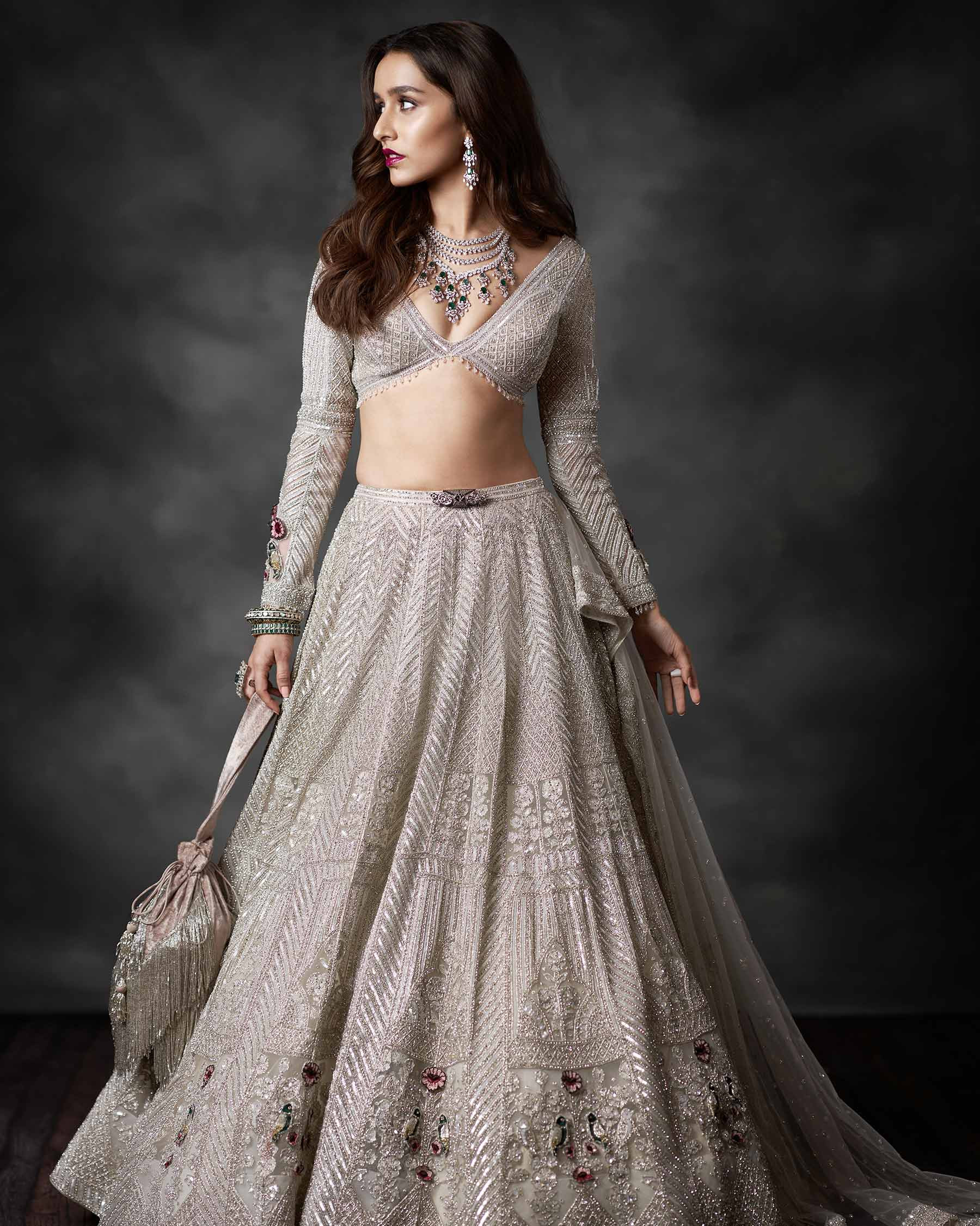 Buy now shraddha kapoor ivory based silver lehenga set