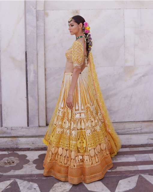 Nadia Marigold Yellow, Ombre Lehenga Set With Tulle Dupatta
