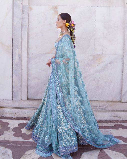 Natasha Sky Blue, Ombre Lehenga Set With Foliage Motifs