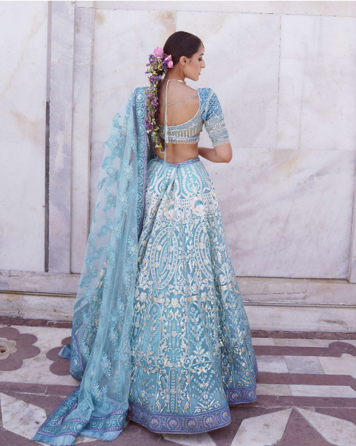 Natasha Sky Blue, Ombre Lehenga Set With Foliage Motifs