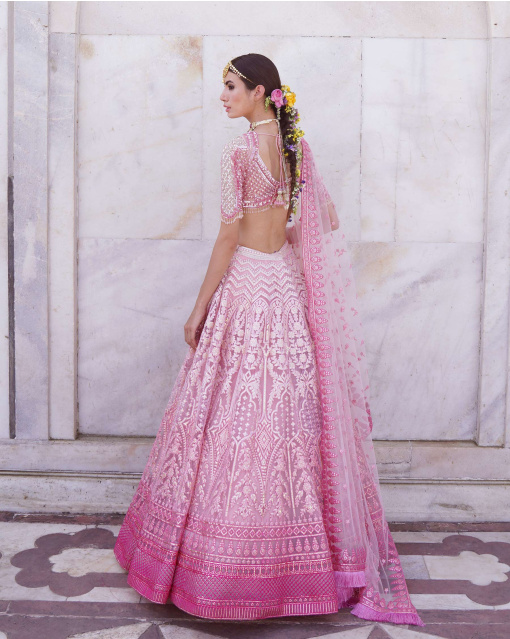 Meadow Lush Pink, Ombre Lehenga Set In Light Silver Chrome Applique.