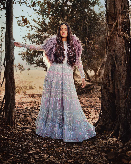 SONAKSHI SINHA MULTICOLORED, FOLIAGE EMBROIDERED ANARKALI.