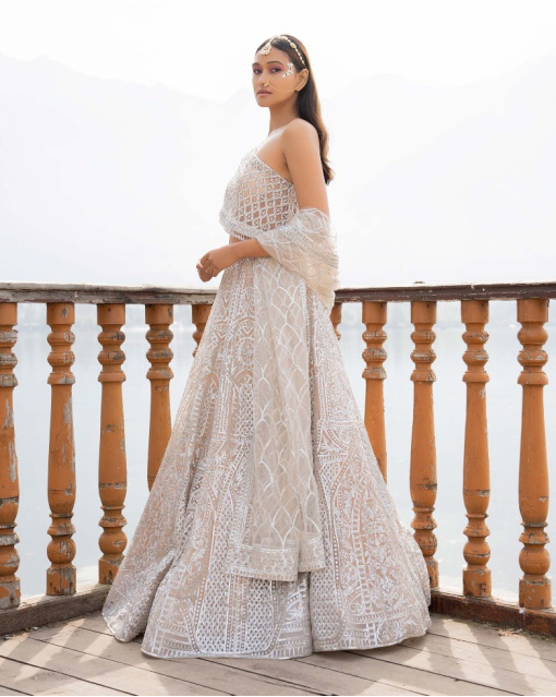 Amaari Light Peach Lehenga Set With Architectural Motifs