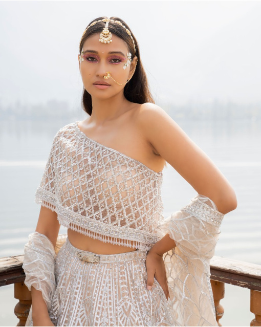 Amaari Light Peach Lehenga Set With Architectural Motifs