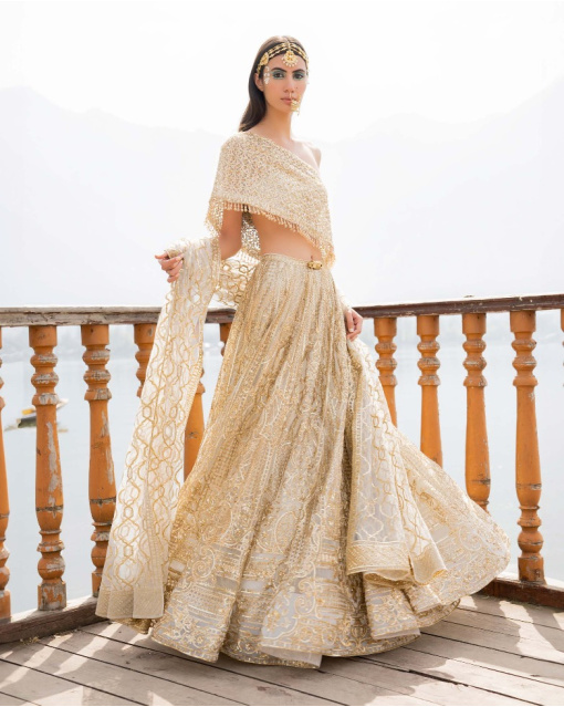 Amia Light Sage Green Lehenga Set With Golden Chrome Applique