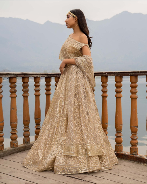 Alissa Beige Lehenga Set With Golden Chrome Applique
