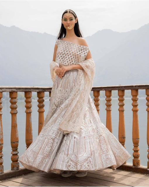 Alison Light Beige Lehenga Set With Crystal Embellishments