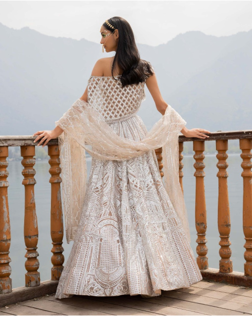 Alison Light Beige Lehenga Set With Crystal Embellishments