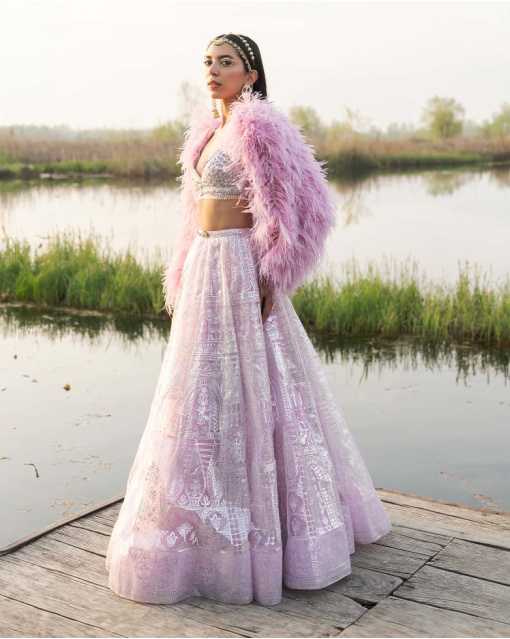 Ailana Pink Mist Lehenga Set With Chrome Applique