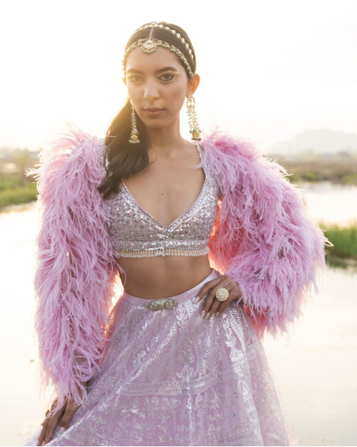 Ailana Pink Mist Lehenga Set With Chrome Applique