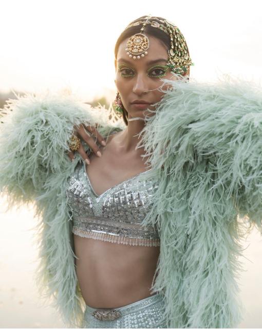 Aiyana Peppermint Green Lehenga Set With Sequins And Tassels