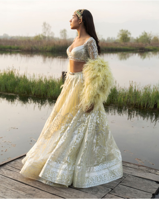 Adelaide Yellow Iris Lehenga Set With Half-Sleeved Embroidered