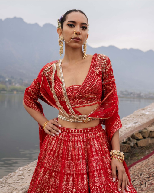 Ember Red Lehenga Set With Belt Finished And Tassels Detailing