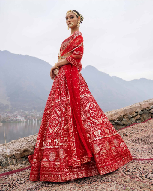 Elliana Red Lehenga Set Featuring Architectural And Floral Motifs