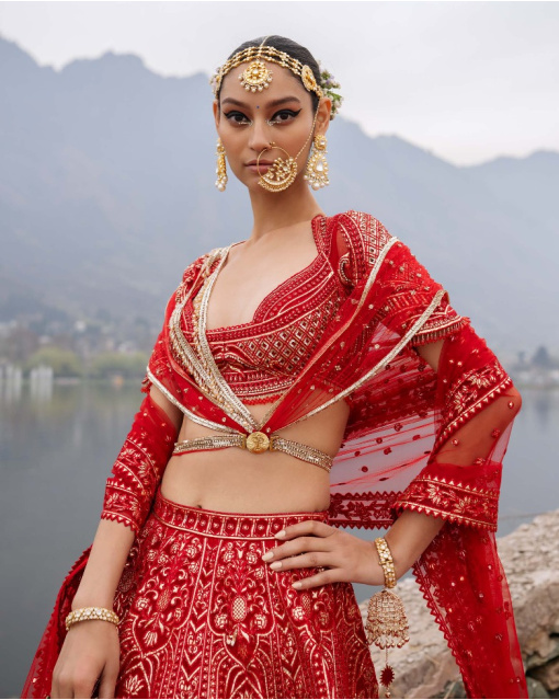 Elliana Red Lehenga Set Featuring Architectural And Floral Motifs