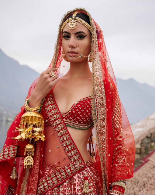 Elin Red Lehenga Set With Golden Chrome Applique