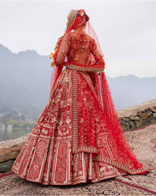 Elin Red Lehenga Set With Golden Chrome Applique