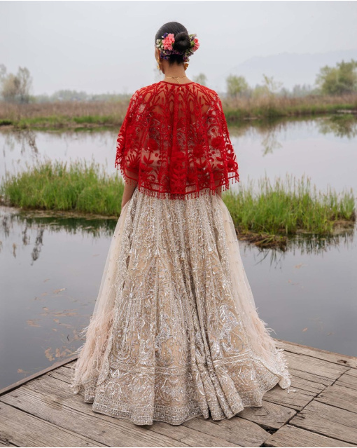 Esmerelda Beige-Based, Silver Lehenga Set With Crystals And Beads