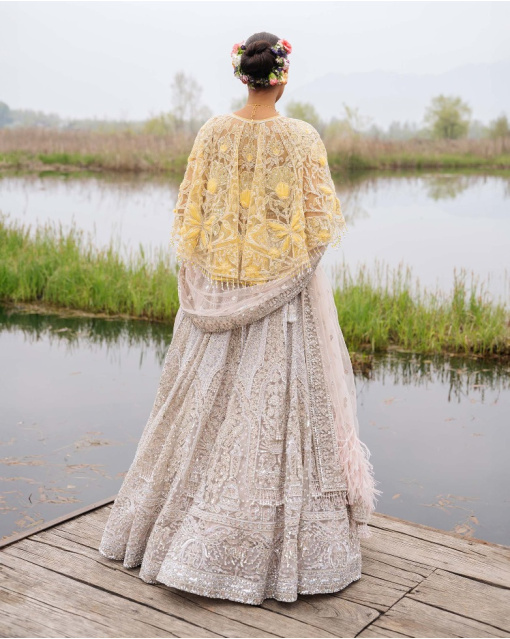 Emery Faded Peach-Based, Silver Lehenga Set With Crystals And Pearls