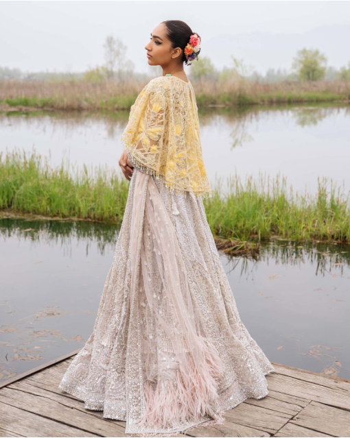 Emery Faded Peach-Based, Silver Lehenga Set With Crystals And Pearls