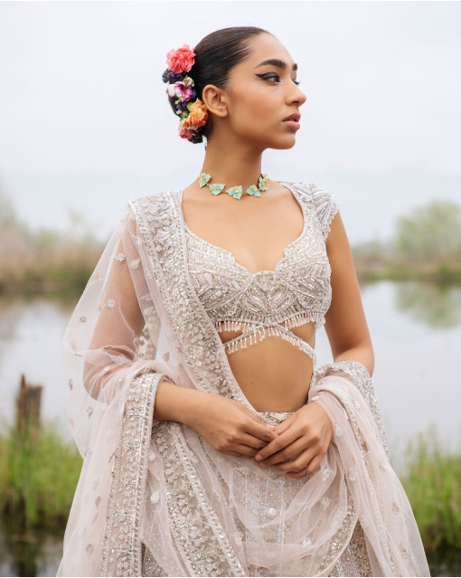 Emery Faded Peach-Based, Silver Lehenga Set With Crystals And Pearls