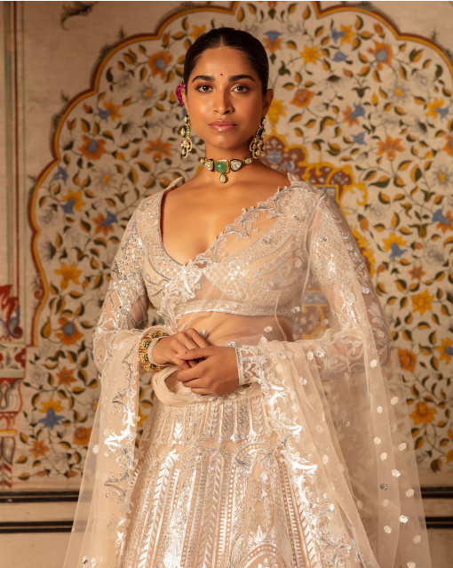 Jolene Lehenga Set Beige Silver Architectural Floral Motifs