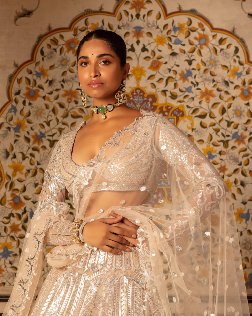 Jolene Lehenga Set Beige Silver Architectural Floral Motifs