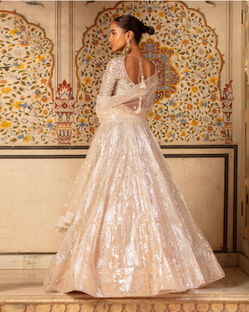 Harper Lehenga Set Peach Silver Architectural Floral Motifs