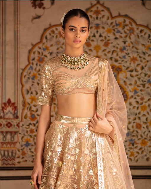 Jillian Lehenga Set English Rose Pink Light Gold Floral Motifs