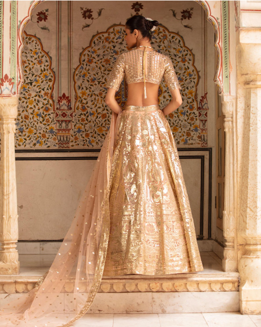 Jillian Lehenga Set English Rose Pink Light Gold Floral Motifs