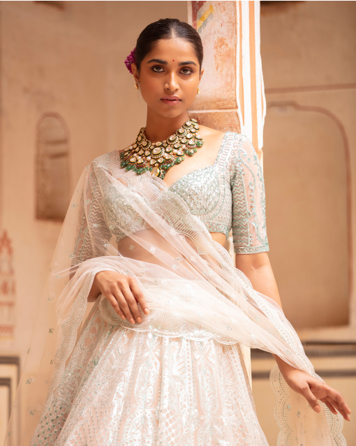 Ingrid Lehenga Set Faded Peach Sea Blue Architectural Motifs