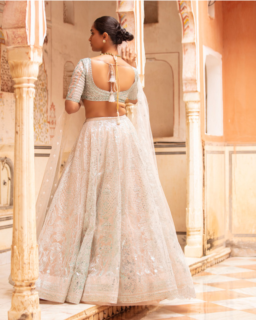 Ingrid Lehenga Set Faded Peach Sea Blue Architectural Motifs
