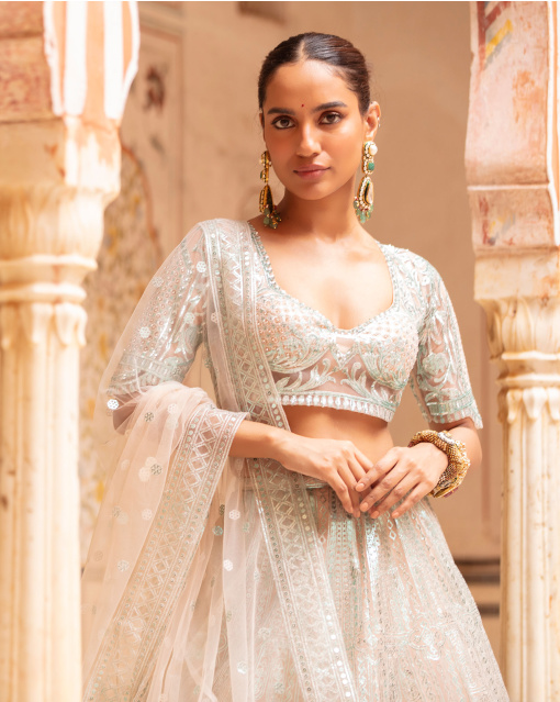 Heidi Lehenga Set Faded Peach Sea Blue Architectural Motifs
