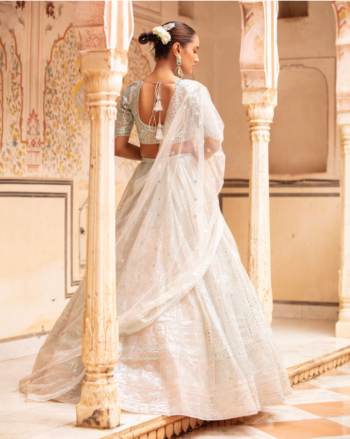 Heidi Lehenga Set Faded Peach Sea Blue Architectural Motifs