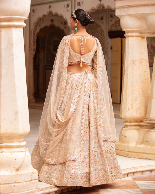 Hailee Powder Pink-Based, Light Gold Lehenga Set With Floral Motifs