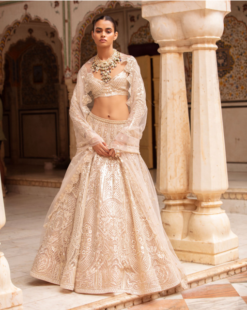 Zayla Powder Pink-Based, Light Gold Lehenga Set With Crystals