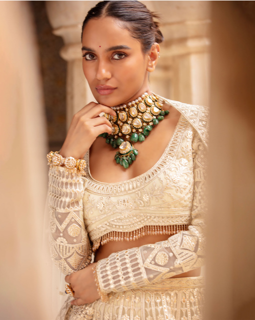 Gracelyn Creme-Based, Light Gold Lehenga Set With Foliage Motifs
