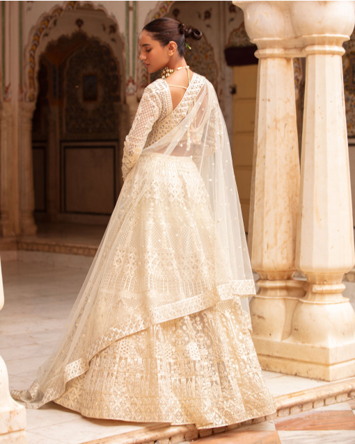 Gracelyn Creme-Based, Light Gold Lehenga Set With Foliage Motifs