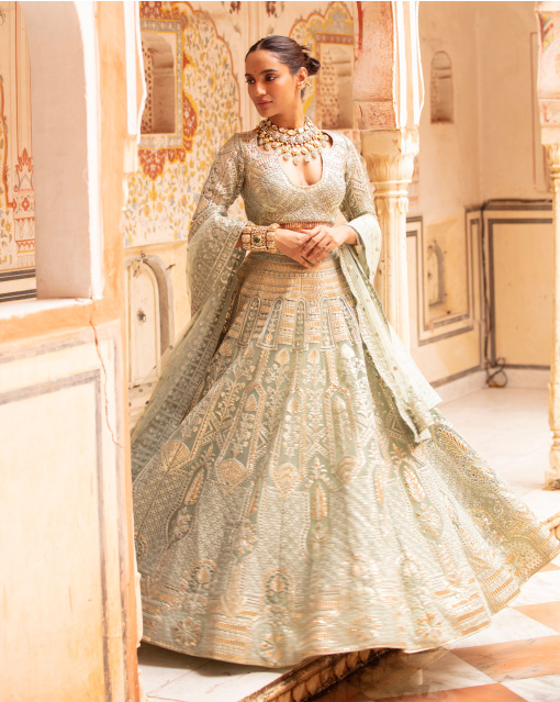Giovanna Sage Green-Based, Light Gold Lehenga Set With Architectural Motifs